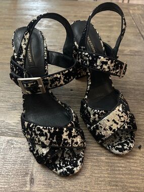 Ava & Aiden Black and Gold Sequin Crisscross Slingback side buckle Heels